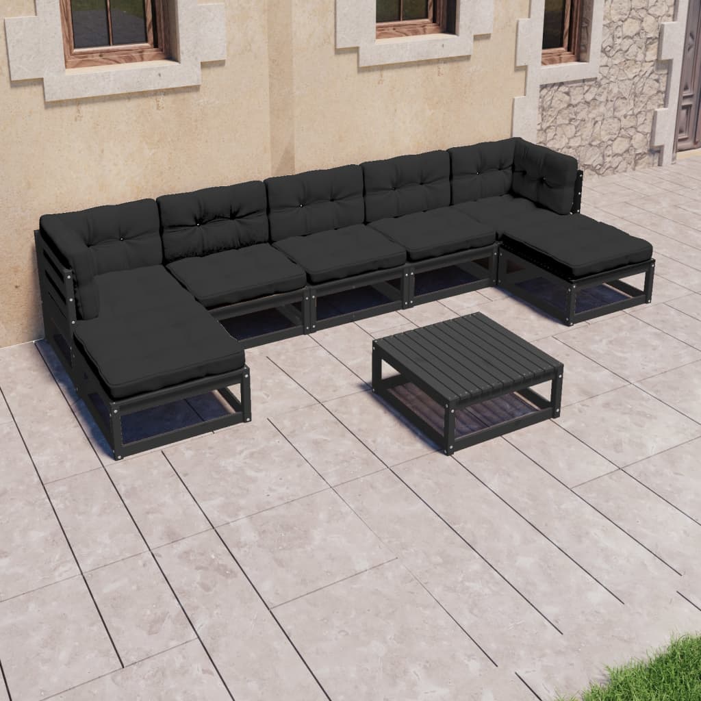 vida XL 8-tlg. Garten-Lounge-Set mit Kissen Schwarz Kiefer Massivholz