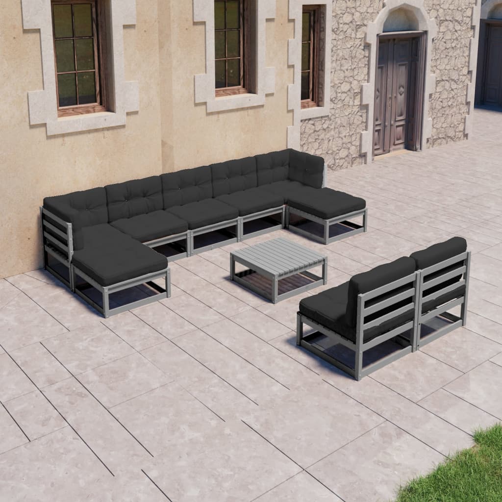 vidaXL 10-tlg. Garten-Lounge-Set mit Kissen Grau Massivholz Kiefer