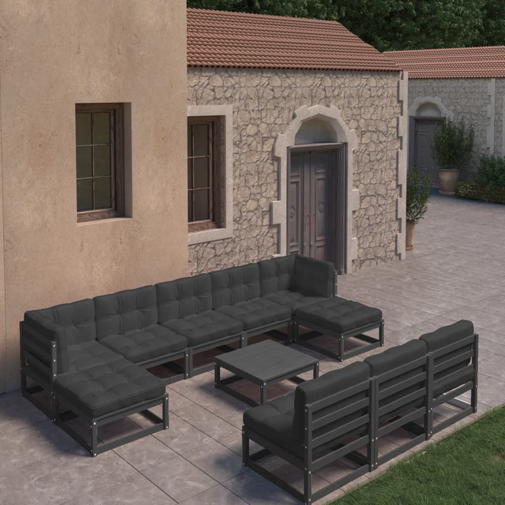 vidaXL 11-tlg. Garten-Lounge-Set mit Kissen Schwarz Kiefer Massivholz