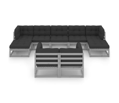vidaXL Salon de jardin 9 pcs avec coussins Gris Bois de pin massif