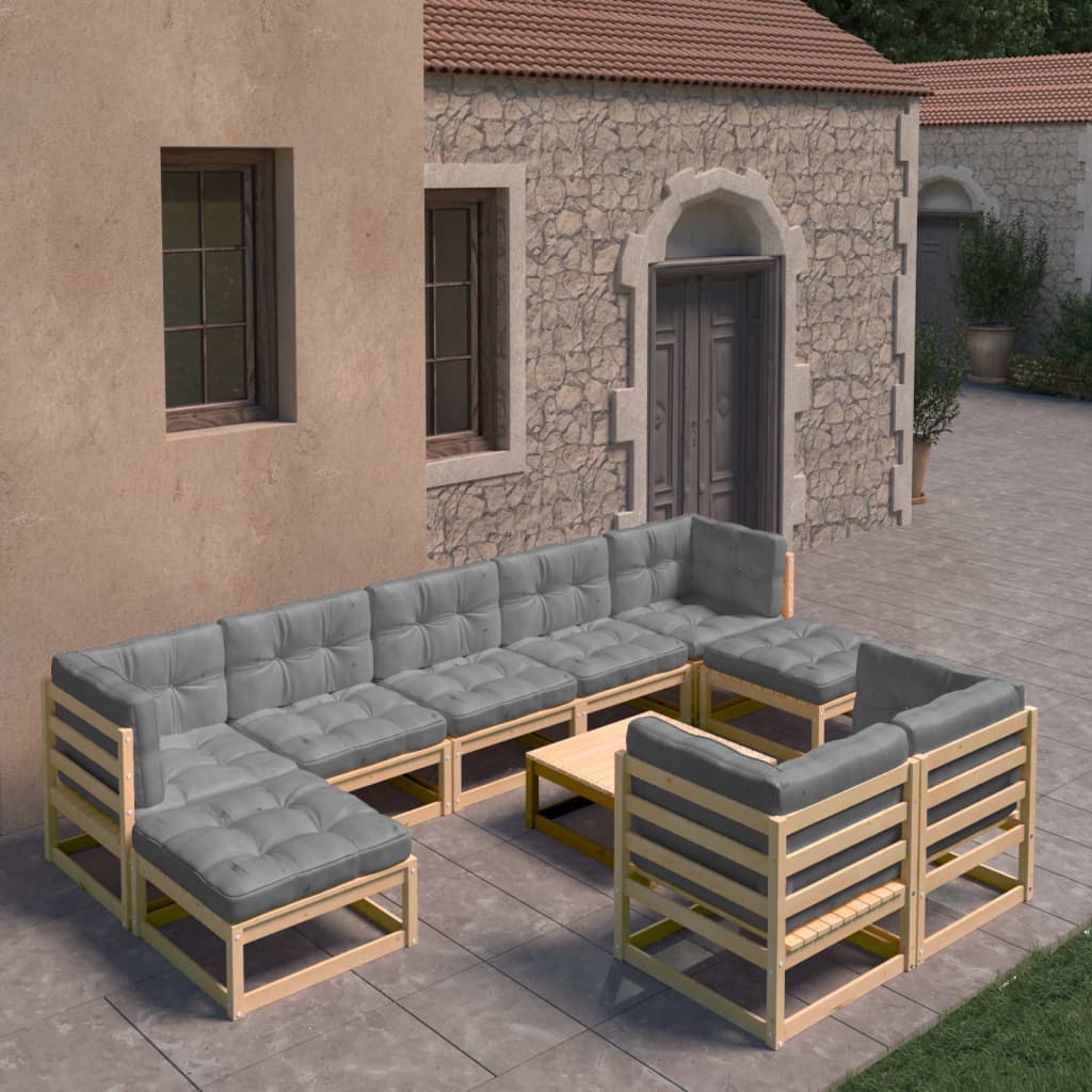 vidaXL Set mobilier de grădină cu perne, 10 piese, lemn masiv de pin vidaXL