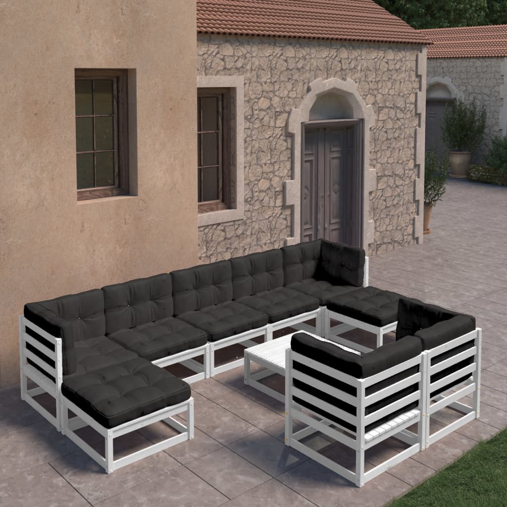 vidaXL Set mobilier de grădină cu perne, 10 piese, alb, lemn masiv pin vidaXL