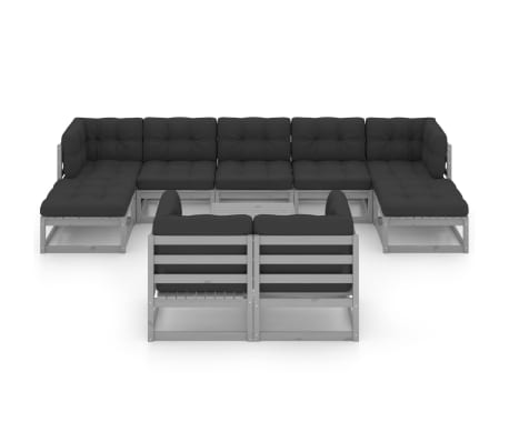 vidaXL Salon de jardin 10 pcs avec coussins Gris Bois de pin massif