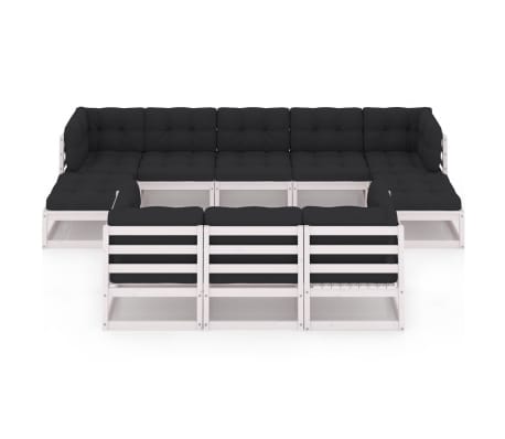 vidaXL عدد 10 قطع طقم جلسة حديقة مع وسائد خشب صنوبر صلب أبيض