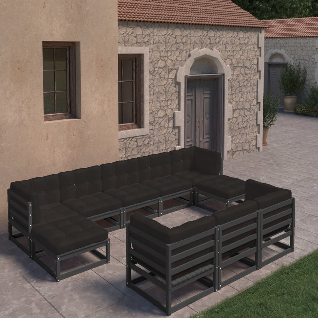 vidaXL Set Divani da Giardino 10 pz con Cuscini Massello di Pino Nero