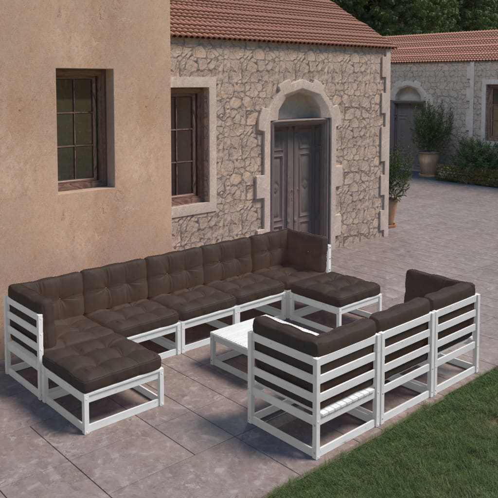 vidaXL 11-tlg. Garten-Lounge-Set mit Kissen Weiß Kiefer Massivholz