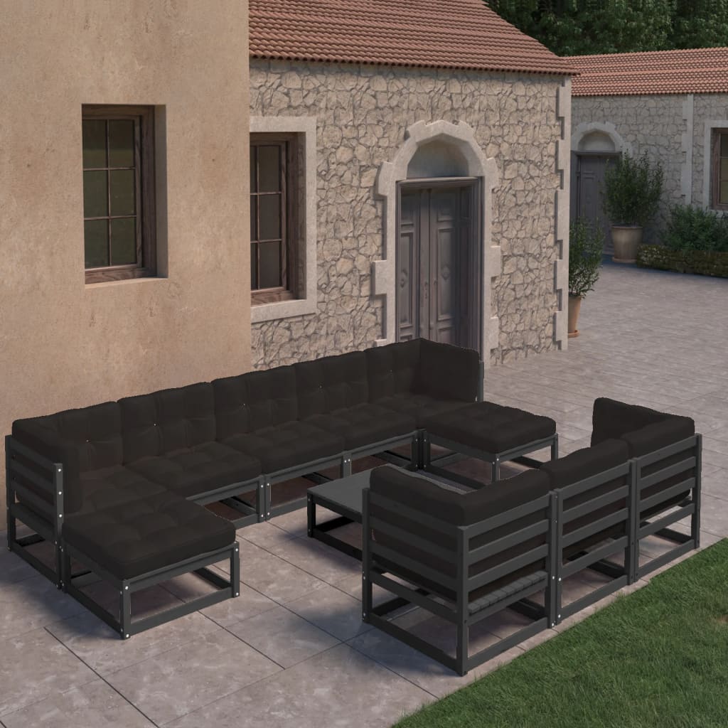 vidaXL 11-tlg. Garten-Lounge-Set mit Kissen Schwarz Kiefer Massivholz