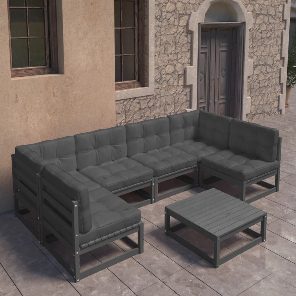 vidaXL 7-tlg. Garten-Lounge-Set mit Kissen Schwarz Massivholz Kiefer