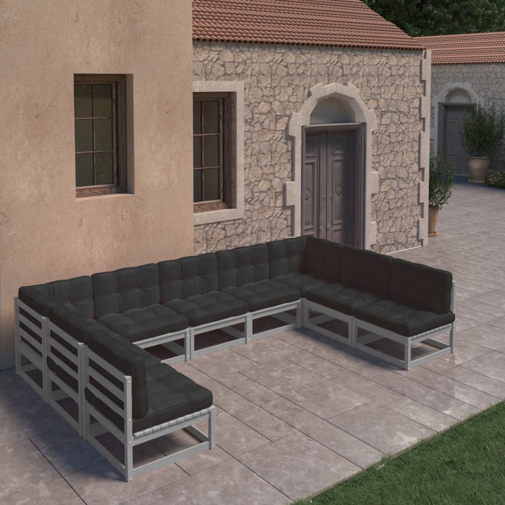 vidaXL 9-tlg. Garten-Lounge-Set mit Kissen Grau Massivholz Kiefer