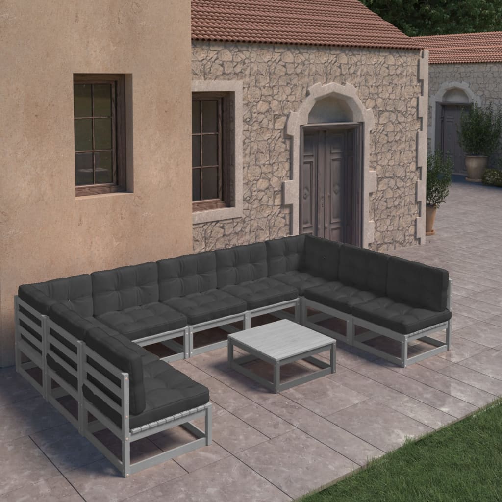 vidaXL 10-tlg. Garten-Lounge-Set mit Kissen Grau Massivholz Kiefer