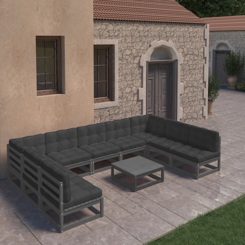 vidaXL 10-tlg. Garten-Lounge-Set mit Kissen Schwarz Massivholz Kiefer