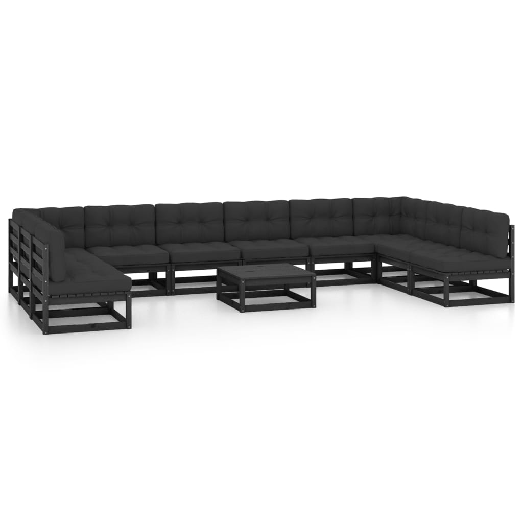 Poza vidaXL Set mobilier gradina cu perne, 11 piese, negru, lemn masiv pin