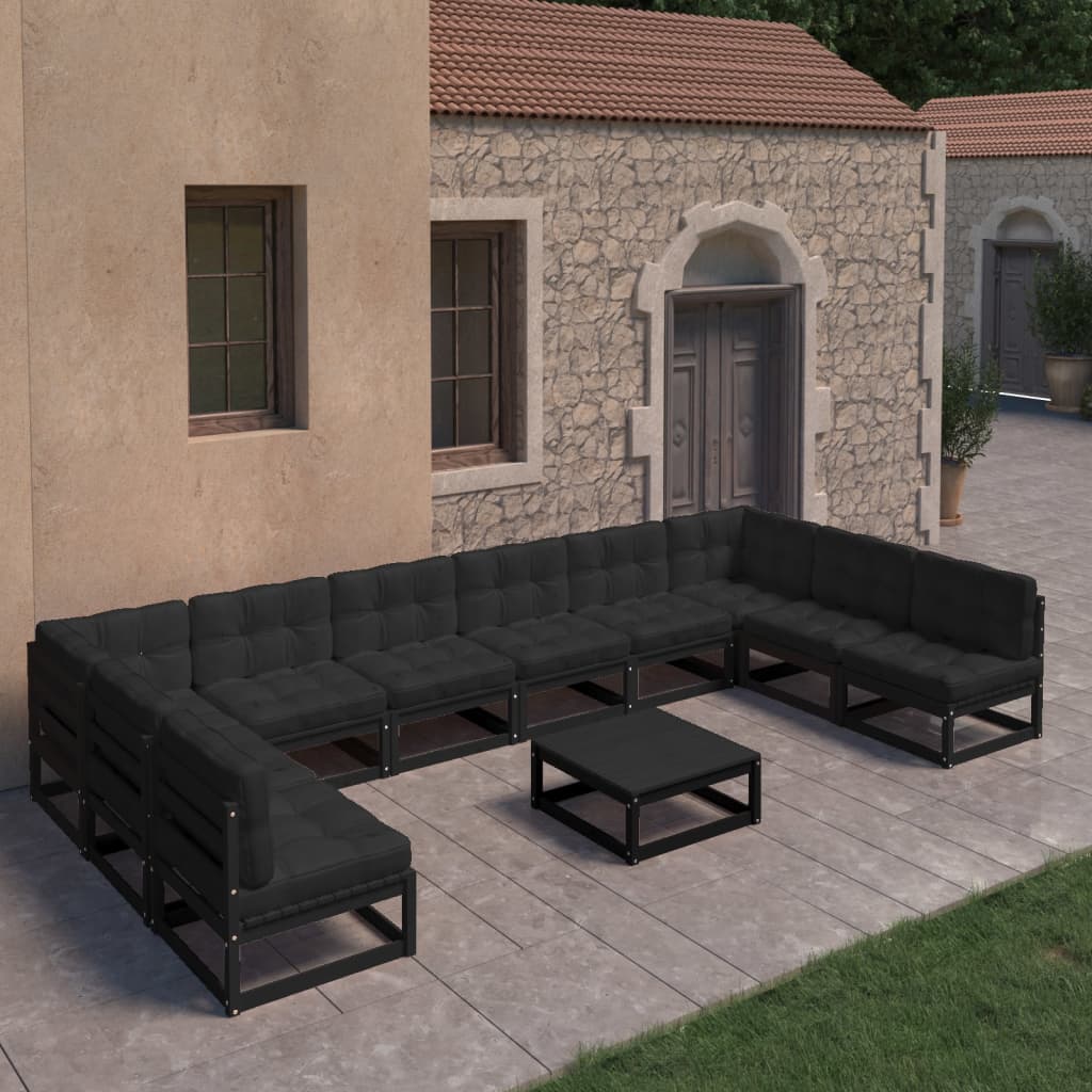 vidaXL Set mobilier grădină cu perne, 11 piese, negru, lemn masiv pin vidaXL