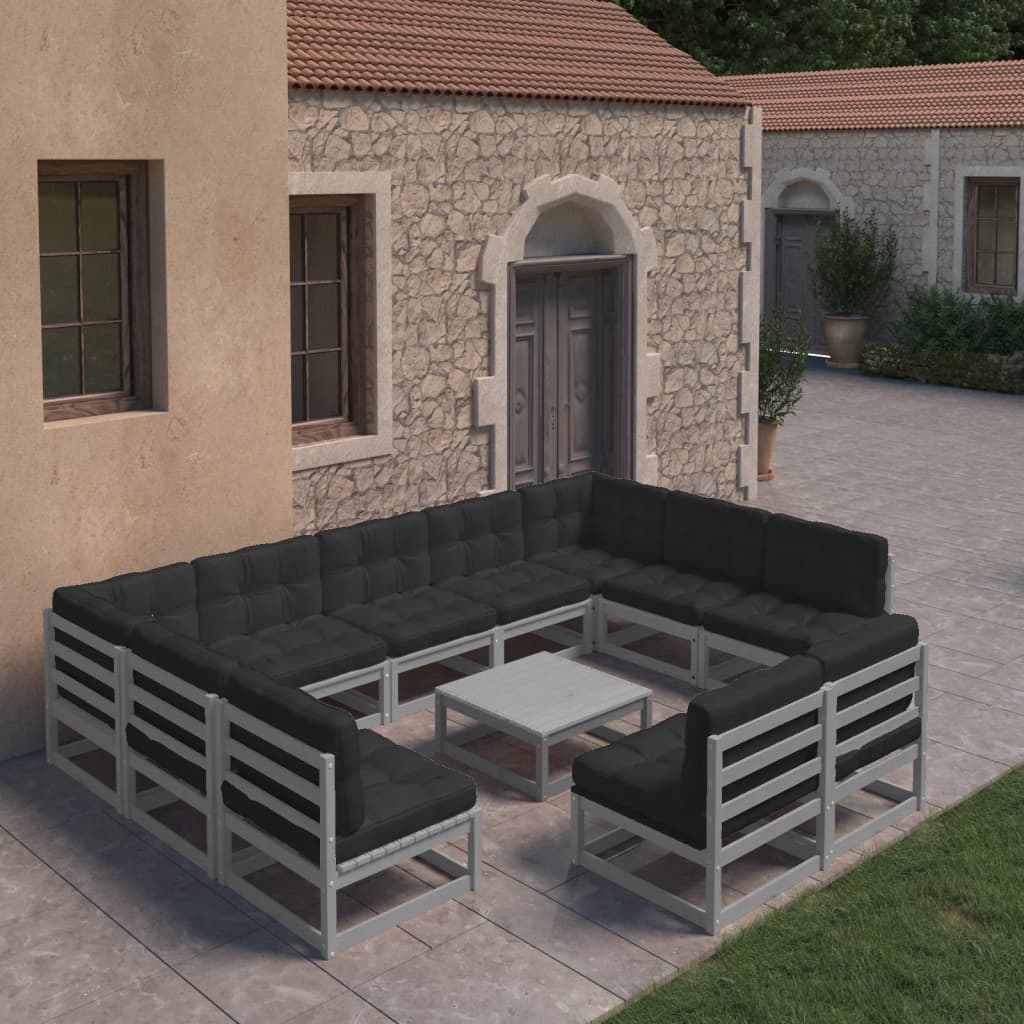 vidaXL 10-tlg. Garten-Lounge-Set mit Kissen Grau Massivholz Kiefer