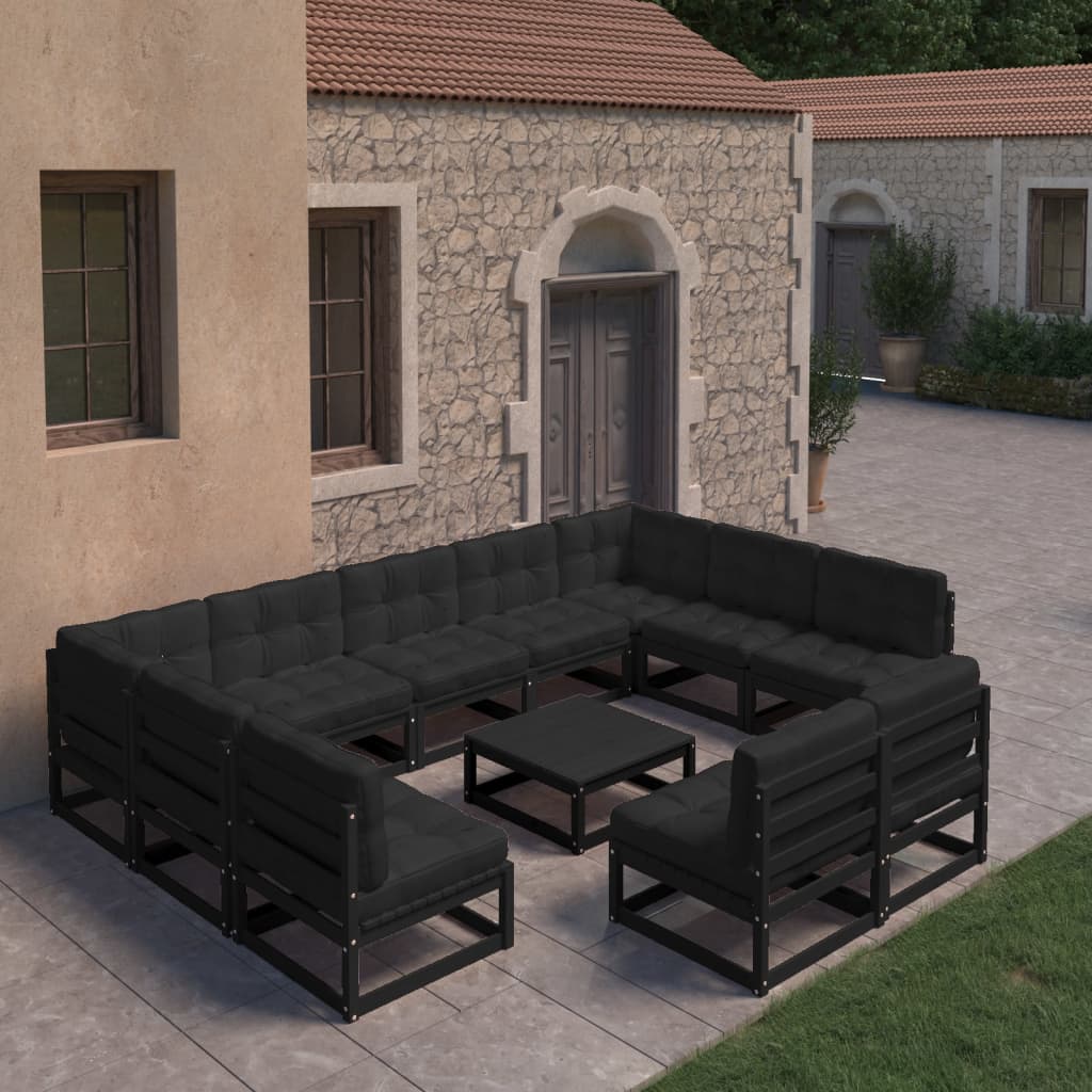 vidaXL 10-tlg. Garten-Lounge-Set mit Kissen Schwarz Massivholz Kiefer