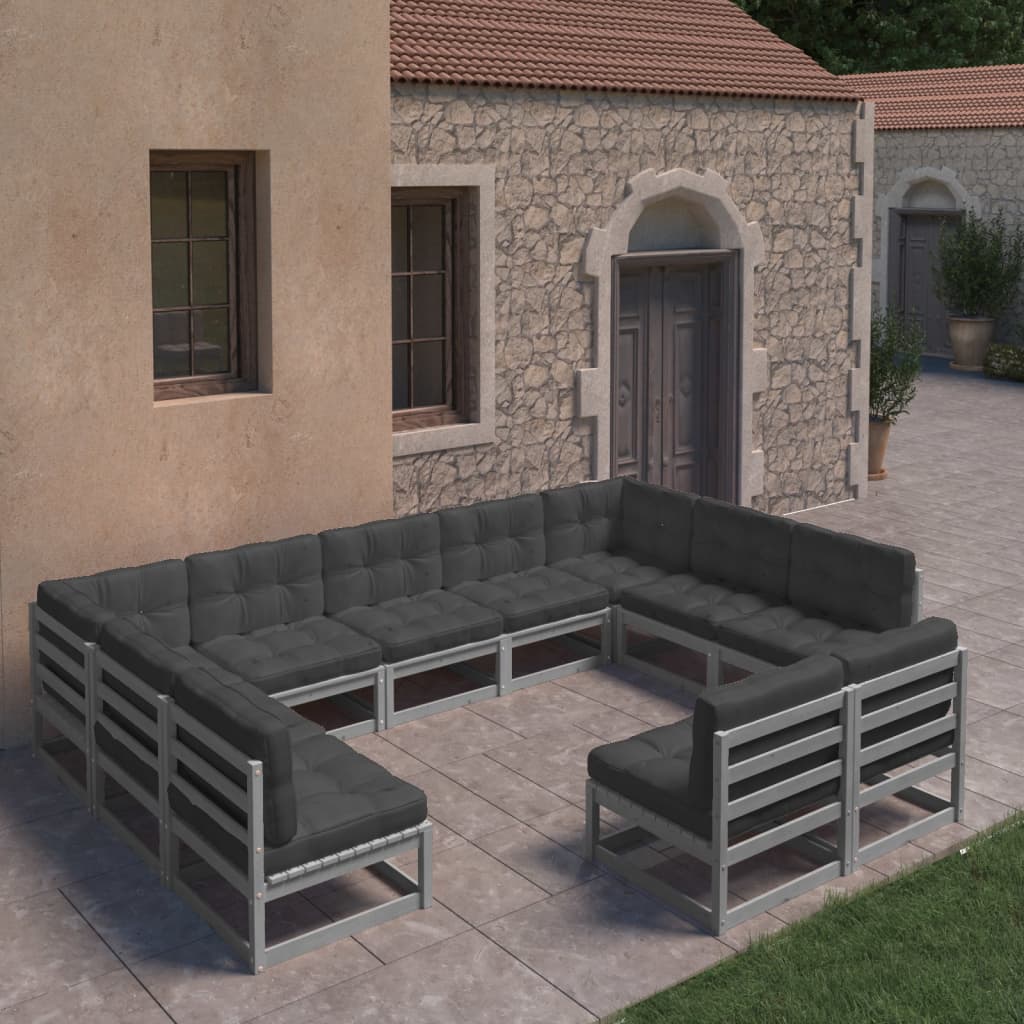 vidaXL 11-tlg. Garten-Lounge-Set mit Kissen Grau Kiefer Massivholz