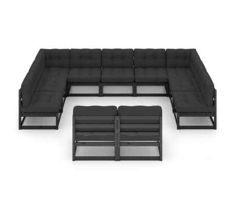 vidaXL Sodo komplektas su pagalvėmis, 11 dalių, juodas, pu&scaron;ies masyvas