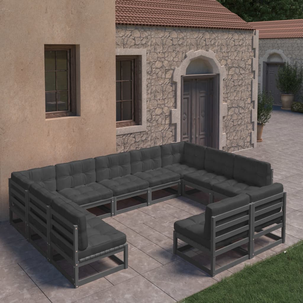 vidaXL 11-tlg. Garten-Lounge-Set mit Kissen Schwarz Kiefer Massivholz