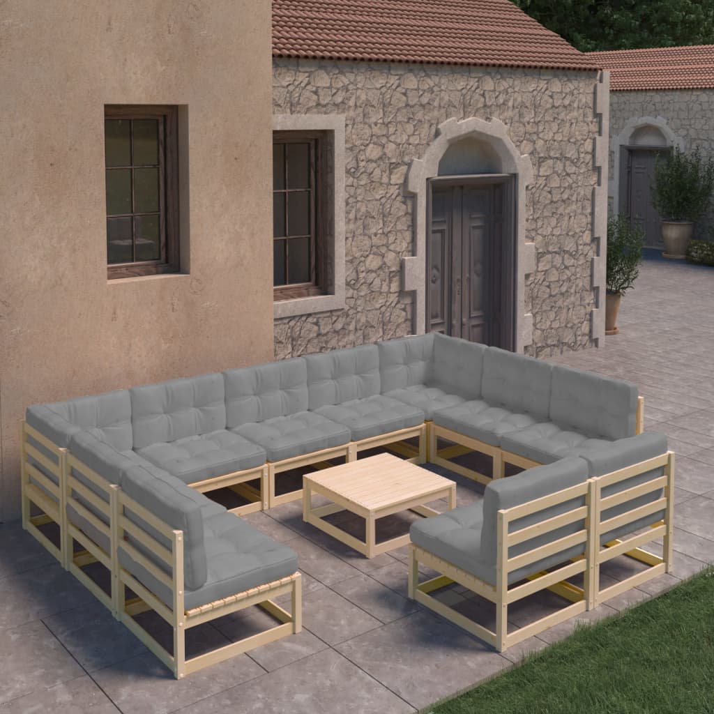 12-tlg. Garten-Lounge-Set mit Kissen Massivholz Kiefer