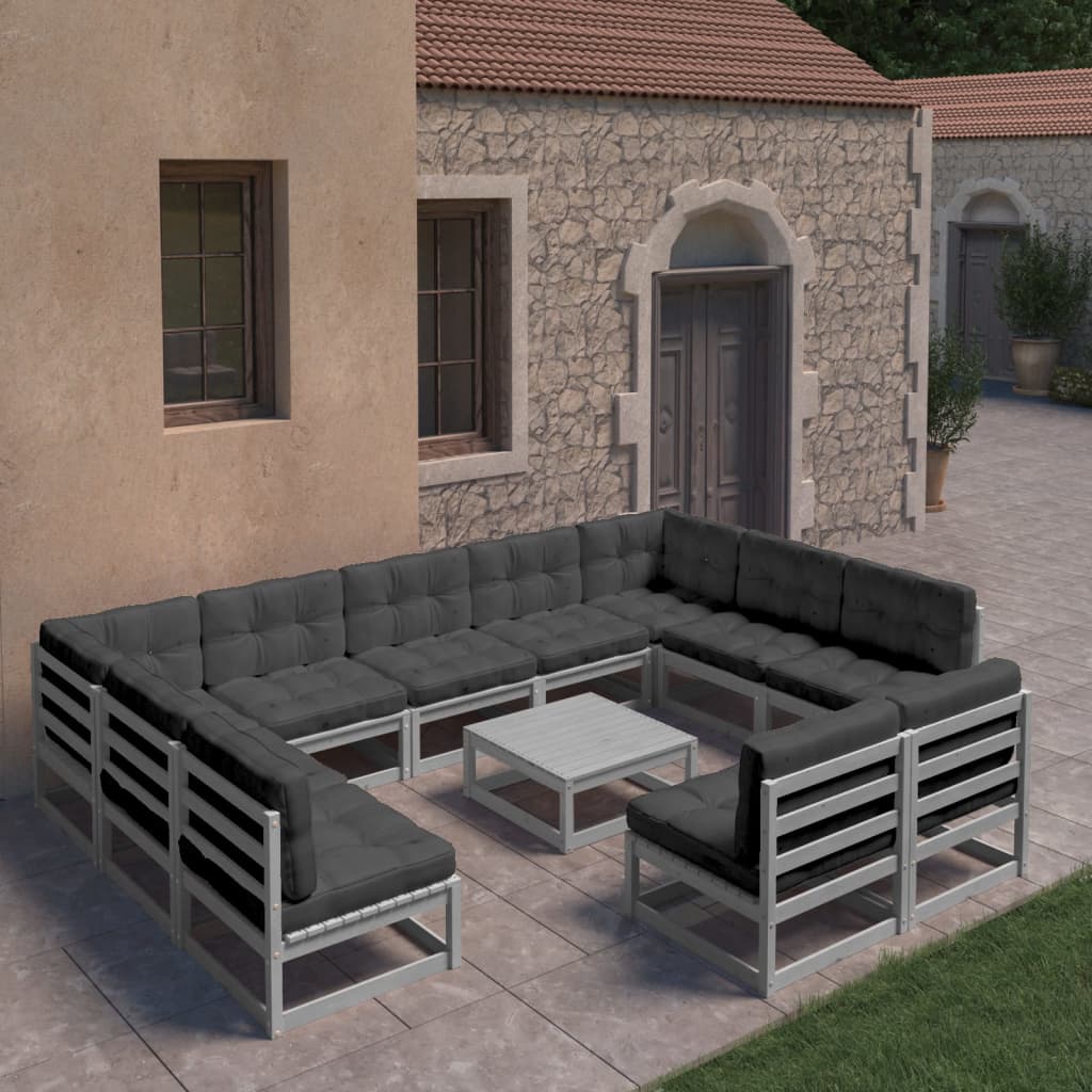 vidaXL 12-tlg. Garten-Lounge-Set mit Kissen Grau Massivholz Kiefer