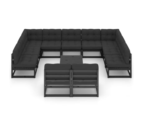 vidaXL Set mobilier grădină cu perne, 12 piese, negru, lemn masiv pin