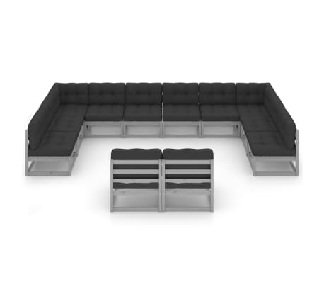 vidaXL Set mobilier grădină perne, 12 piese, gri, lemn masiv pin
