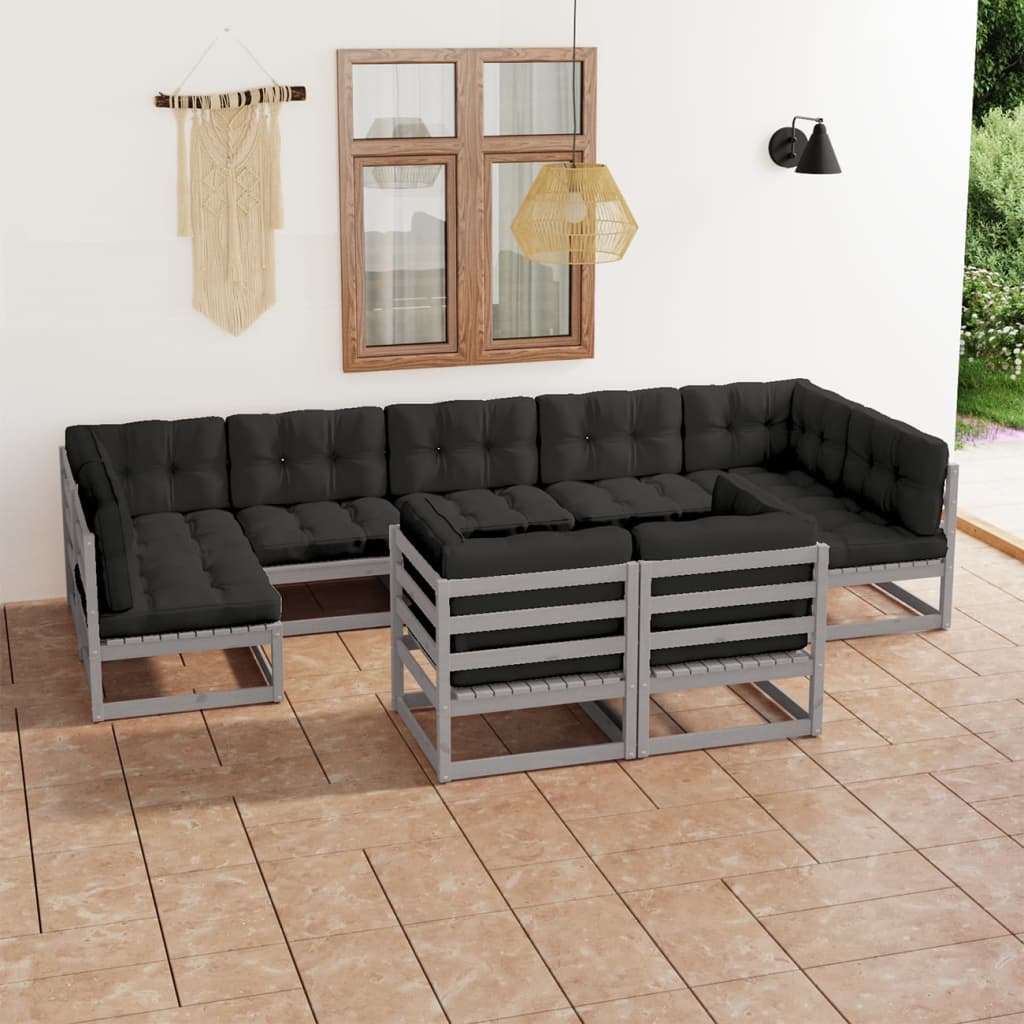 vidaXL 9-tlg. Garten-Lounge-Set mit Kissen Grau Massivholz Kiefer