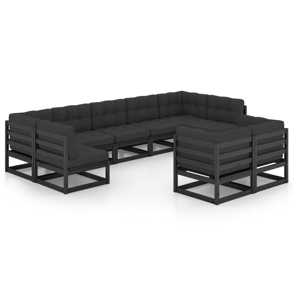 Poza vidaXL Set mobilier gradina cu perne, 9 piese, negru, lemn masiv pin