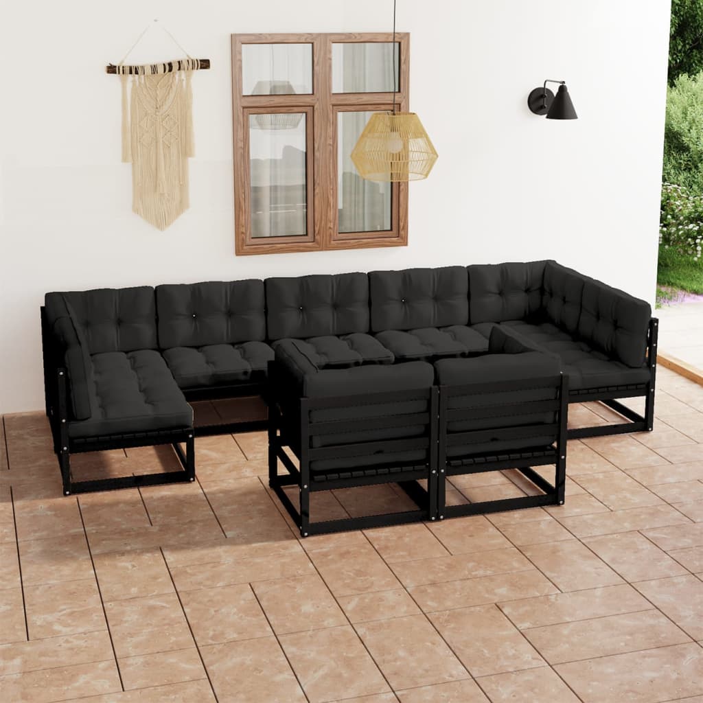 vida XL 9-tlg. Garten-Lounge-Set mit Kissen Schwarz Massivholz Kiefer