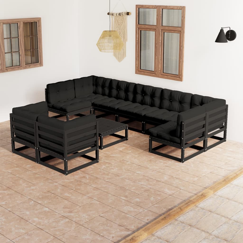 vidaXL 10-tlg. Garten-Lounge-Set mit Kissen Schwarz Massivholz Kiefer