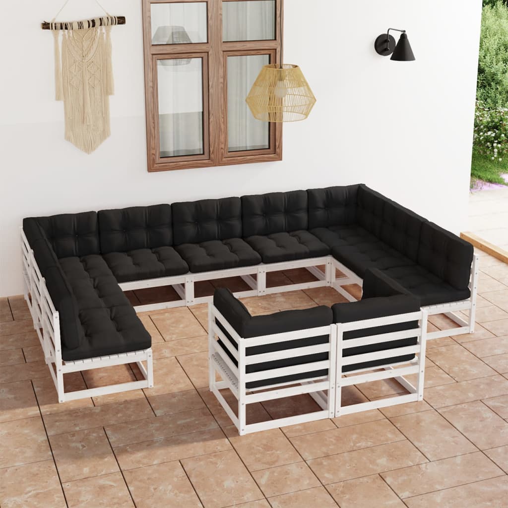 vidaXL 11-tlg. Garten-Lounge-Set mit Kissen Weiß Kiefer Massivholz