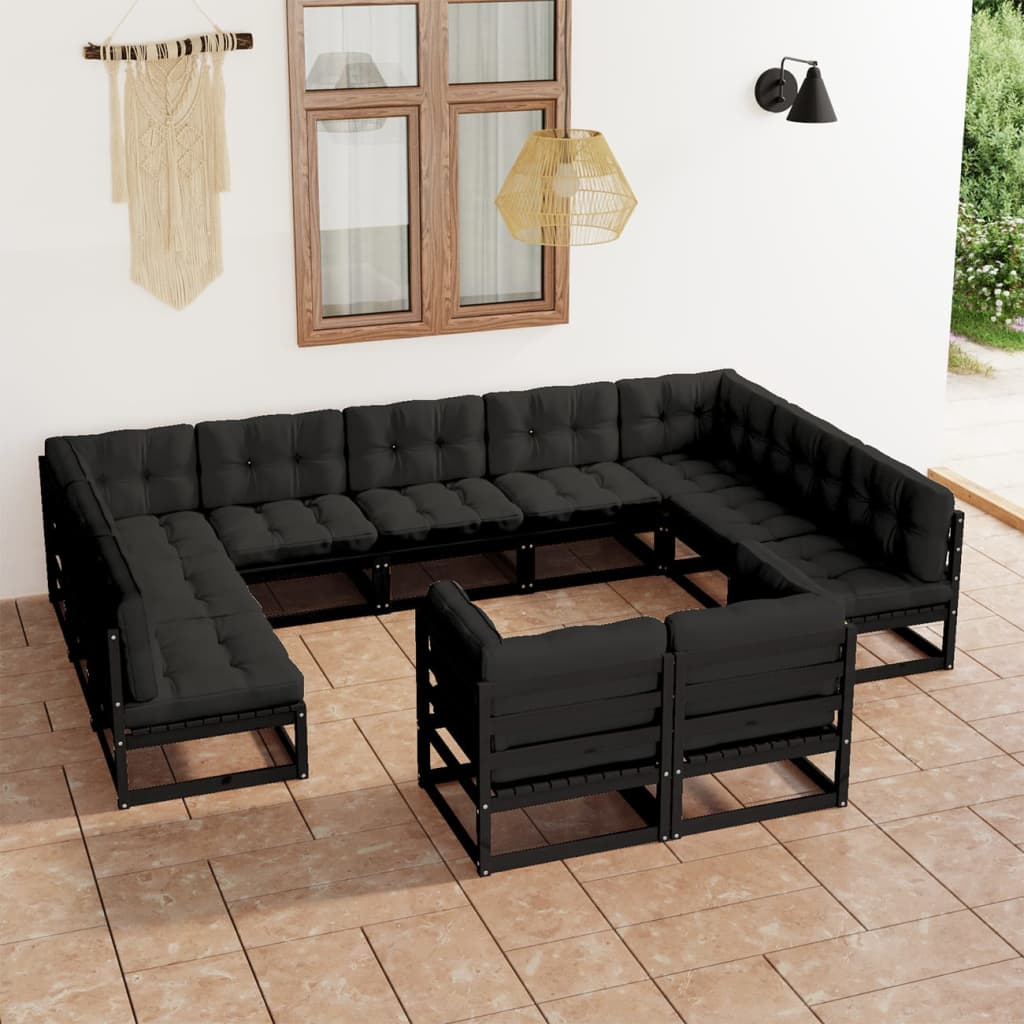 vidaXL 11-tlg. Garten-Lounge-Set mit Kissen Schwarz Kiefer Massivholz