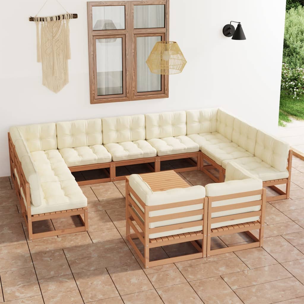 Salon de jardin 12 pcs avec coussins Marron miel Bois de pin