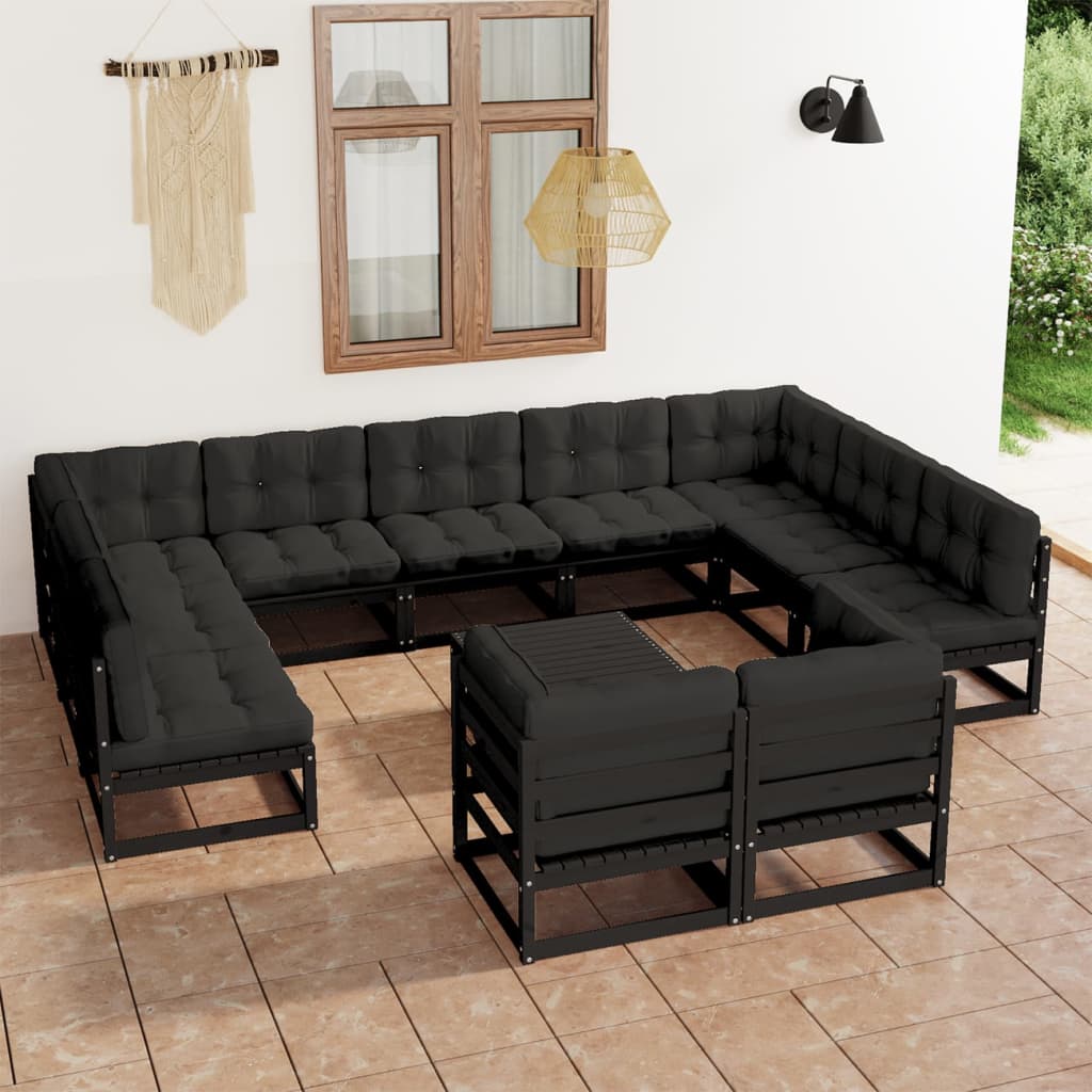 Salon de jardin 12 pcs avec coussins Noir Bois de pin massif