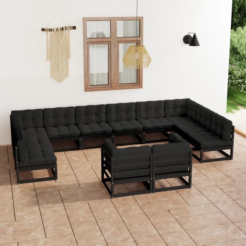 vidaXL Set mobilier grădină cu perne, 12 piese, negru, lemn masiv pin