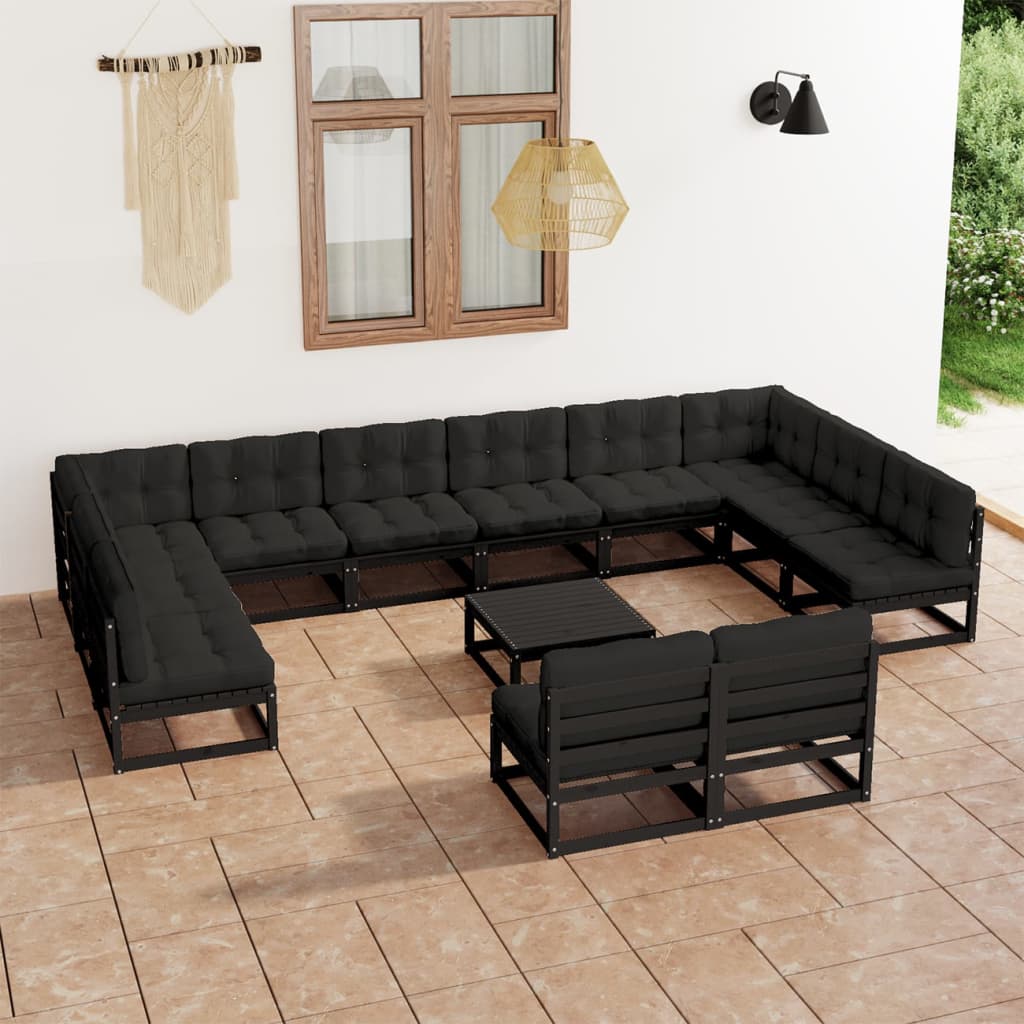 vidaXL Set mobilier grădină perne, 13 piese, negru, lemn masiv pin grădină imagine model 2022