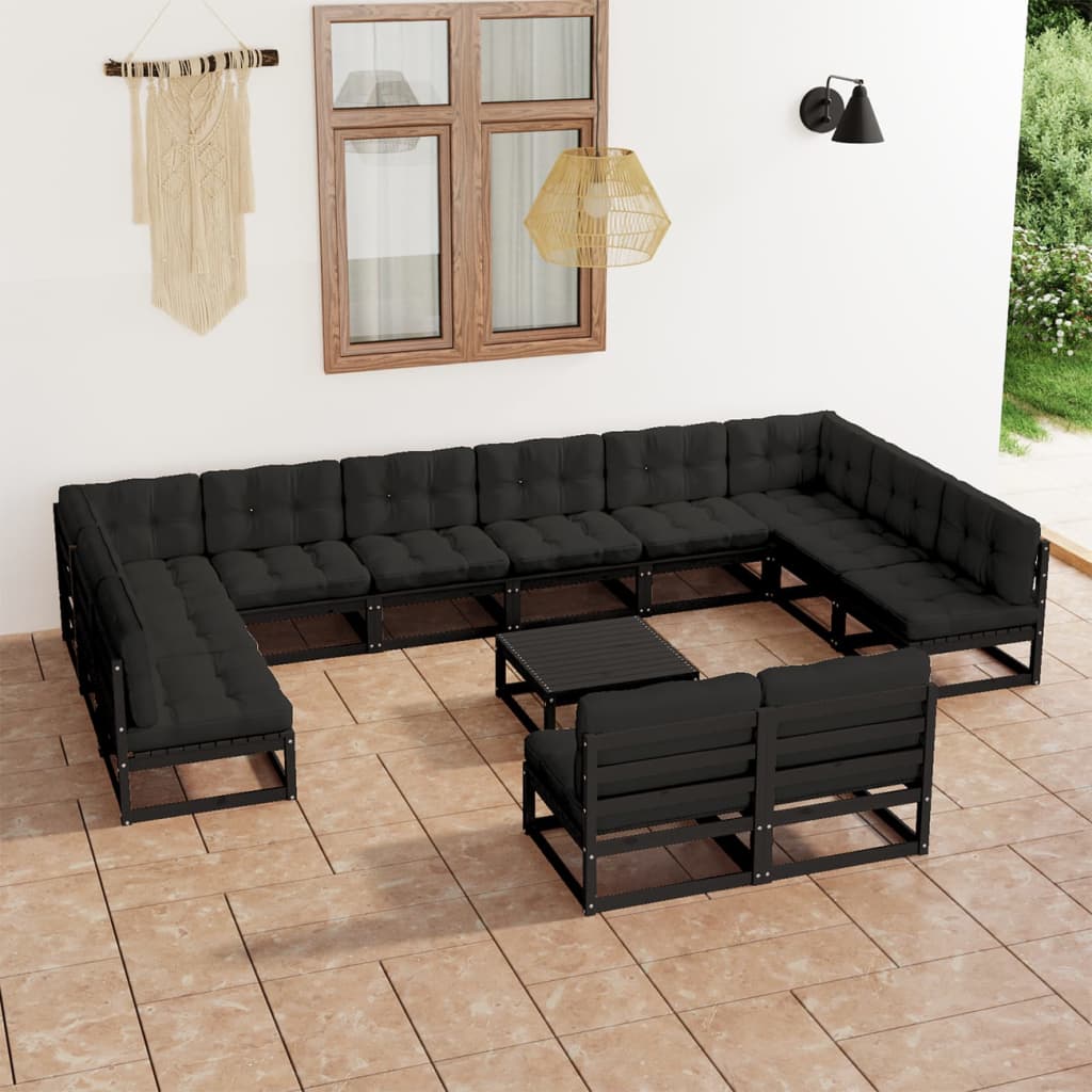 Salon de jardin 13 pcs avec coussins Noir Bois de pin massif
