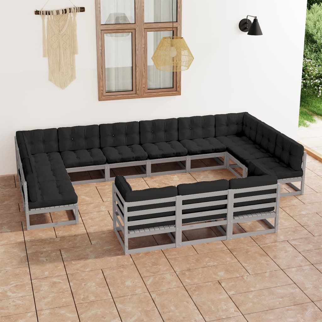 vidaXL 13-tlg. Garten-Lounge-Set mit Kissen Grau Massivholz Kiefer