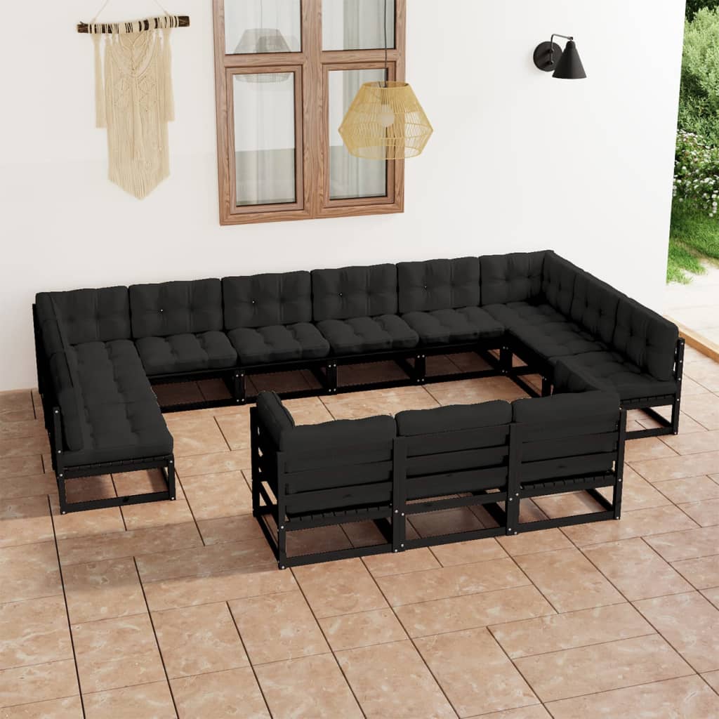 Set mobilier grădină perne, 13 piese, negru, lemn masiv pin