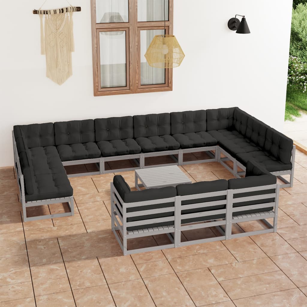 Salon de jardin 14 pcs avec coussins Gris Bois de pin massif