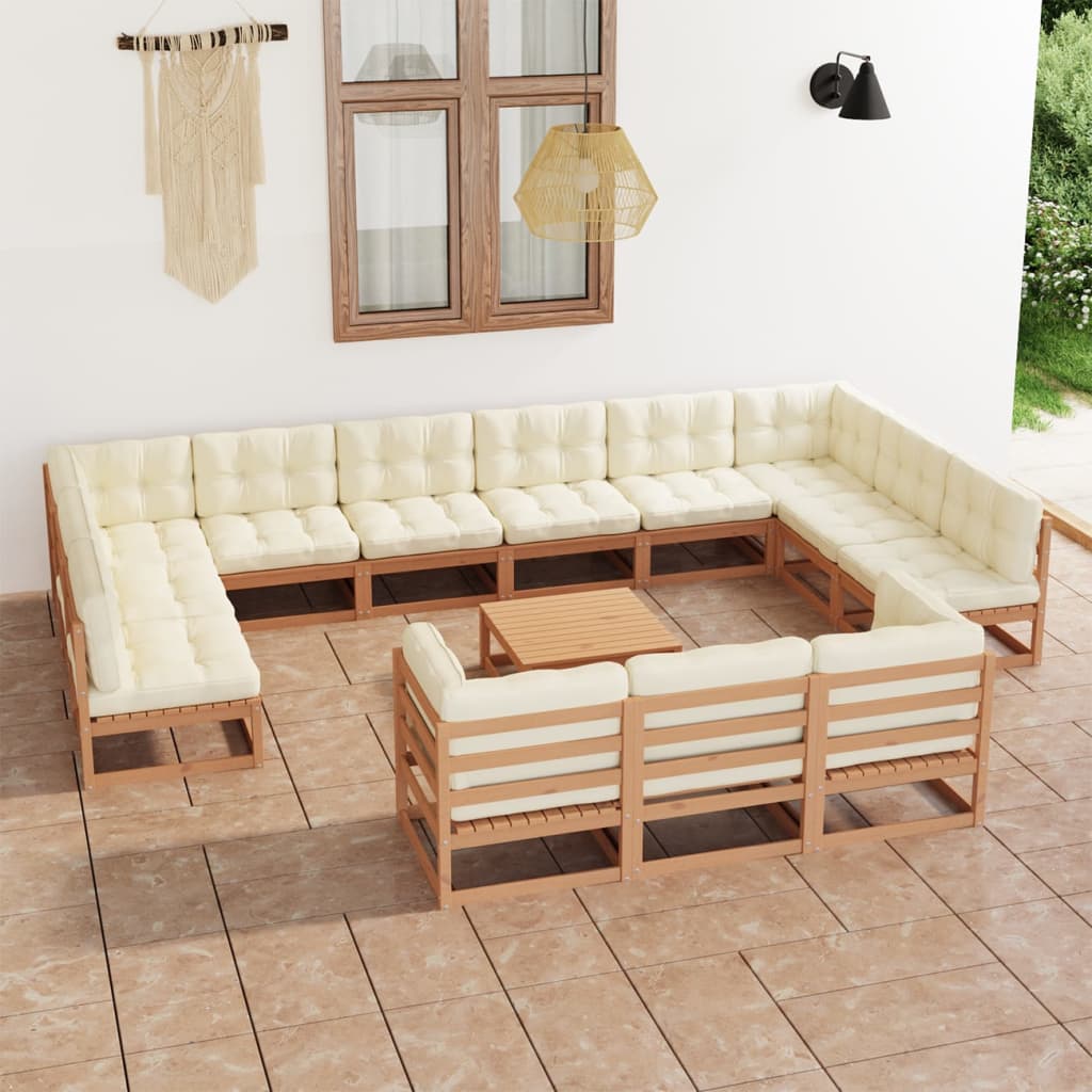 Salon de jardin 14 pcs avec coussins Marron miel Bois de pin