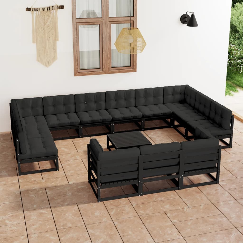 Salon de jardin 14 pcs avec coussins Noir Bois de pin massif