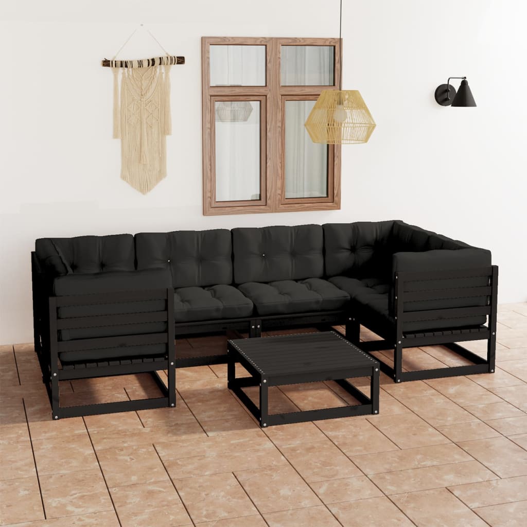 vidaXL 7-tlg. Garten-Lounge-Set mit Kissen Schwarz Massivholz Kiefer