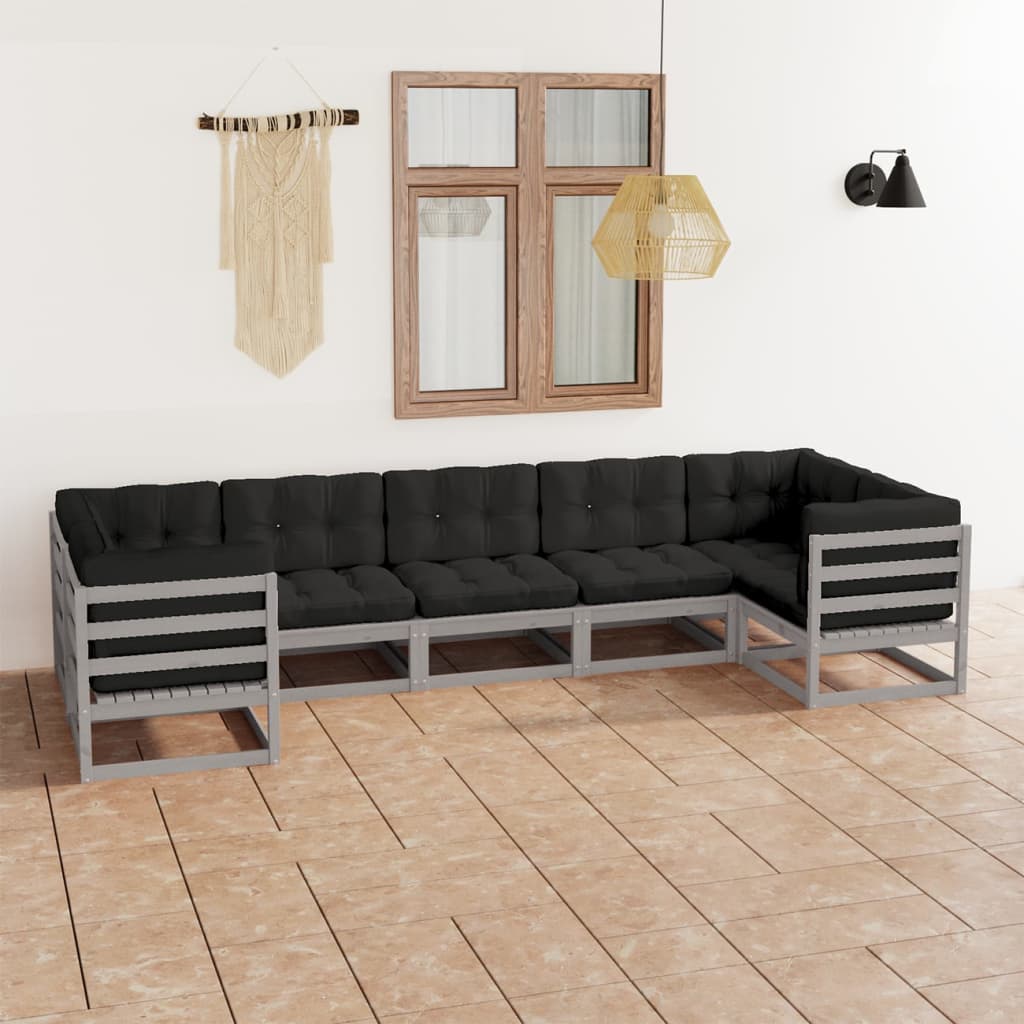 vidaXL 7-tlg. Garten-Lounge-Set mit Kissen Grau Massivholz Kiefer