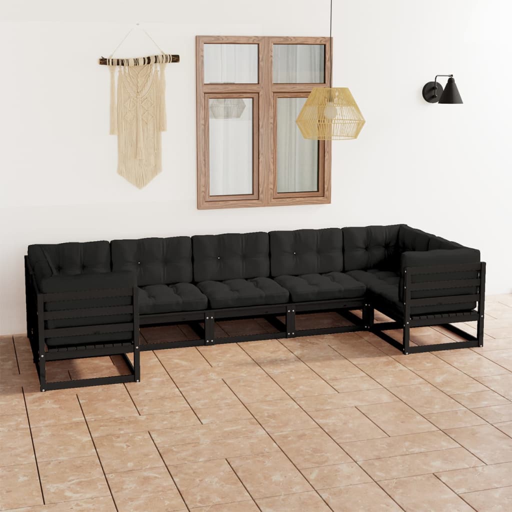 vidaXL 7-tlg. Garten-Lounge-Set mit Kissen Schwarz Massivholz Kiefer