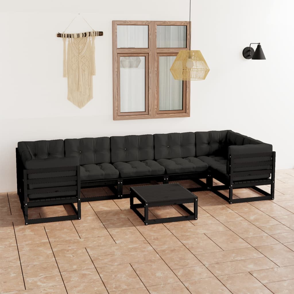 vidaXL 8-tlg. Garten-Lounge-Set mit Kissen Schwarz Massivholz Kiefer