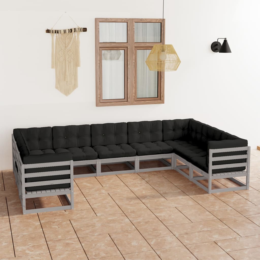 vidaXL 9-tlg. Garten-Lounge-Set mit Kissen Grau Massivholz Kiefer