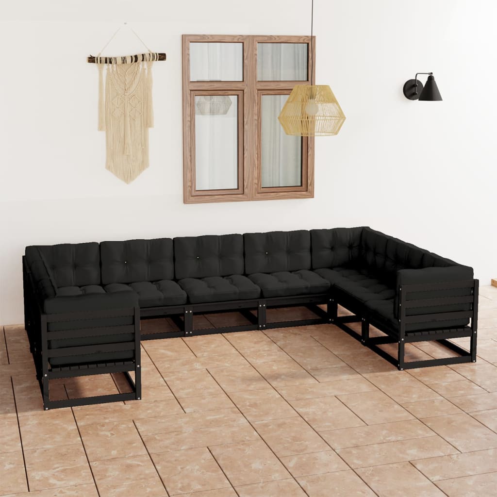 vidaXL 9-tlg. Garten-Lounge-Set mit Kissen Schwarz Massivholz Kiefer