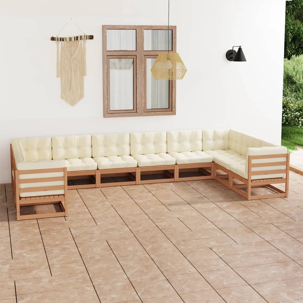 Salon de jardin 10 pcs avec coussins Marron miel Bois de pin