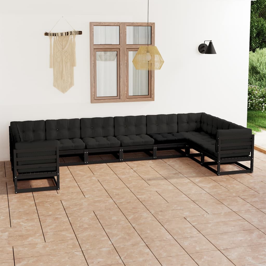 Salon de jardin 10 pcs avec coussins Noir Bois de pin massif